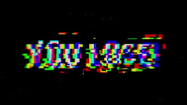 You Lose glitch text effect animation on a black pixelated background. Retro arcade game visual.