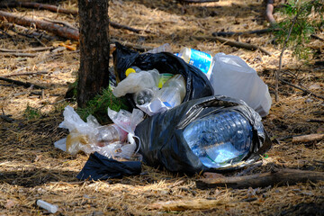 Lot plastic and food waste forest, pollution environment and forests.