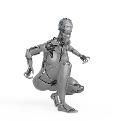 cyborg girl is crouching in action on white background