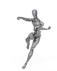 cyborg girl is doing a fighter pose on white background