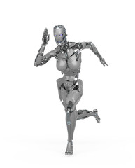 cyborg girl is running fast in action on white background