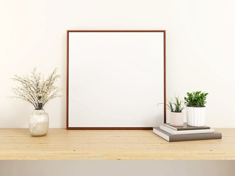 Blank square frame mockup, ornaments, plants and books on a table. 3d illustration, interior design, 3d rendering