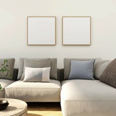 Living room with mockup of two blank square frames, beige sofa and ornate table. 3d illustration, interior design, 3d rendering