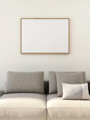 Living room with blank horizontal frame mockup and beige sofa. 3d illustration, interior design, 3d rendering
