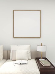 Living room with blank square frame mockup, beige sofa, lamp and books. 3d illustration, interior design, 3d rendering