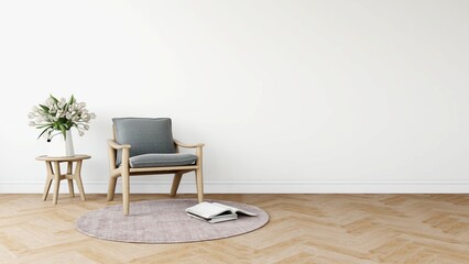 Wall mockup in a living room with wooden chair, table with vase and books. 3d rendering, interior design, 3d illustration © R I M O N T