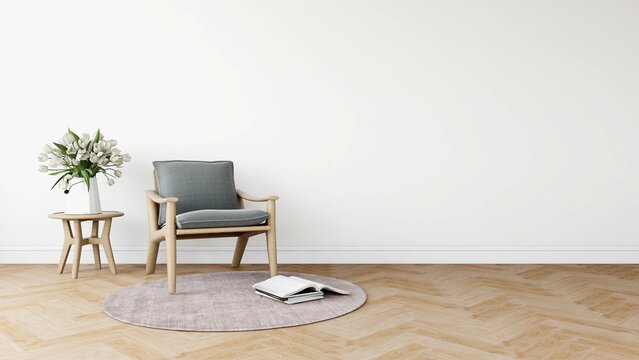 Wall mockup in a living room with wooden chair, table with vase and books. 3d rendering, interior design, 3d illustration