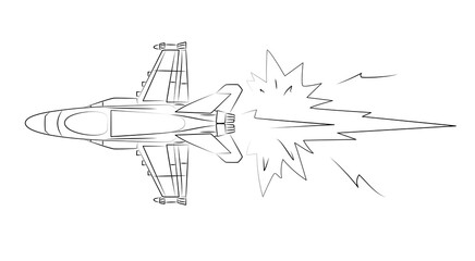 Fighter, military airplane. Jet aircraft at moment of transition to supersonic speed drawn in style of comics. Air combat. Difficult maneuver at speed. Sketch, linear contour in minimalist style