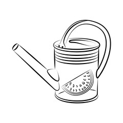 Old metal garden watering can. Gardening tool, agricultural implement used in horticulture and plant cultivation. Care for seedlings. Watering can icon. Sketch, editable linear contour drawing