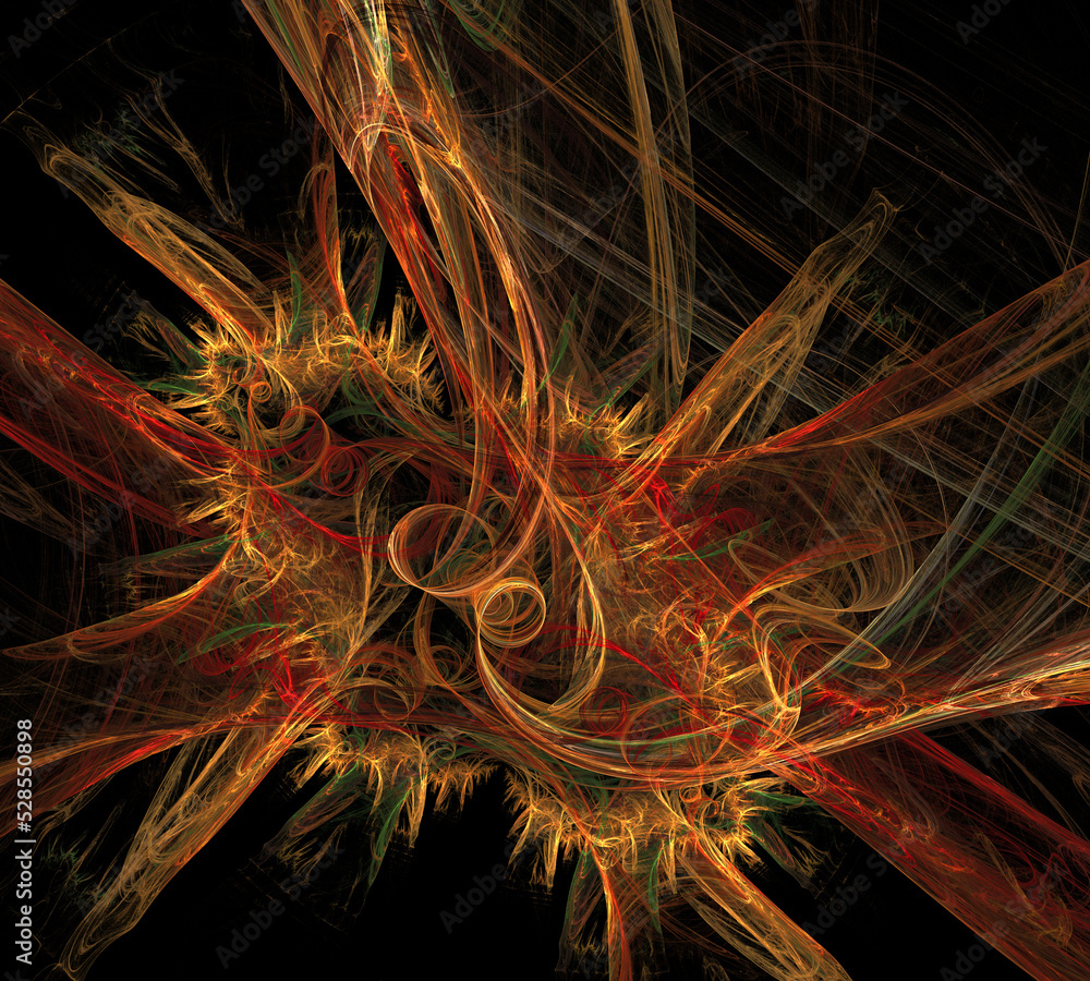 Poster fluffy colorful swirls on a black background. abstract fractal background. 3d rendering. 3d illustra