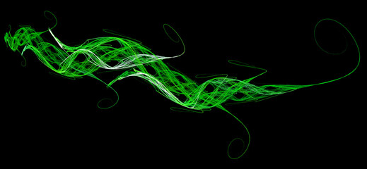 Green wavy weaves with spiral tendrils on a black background. 3d rendering. 3d illustration.