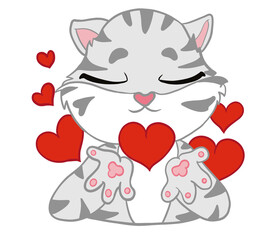 The lovely and peaceful American Shorthair Cat sent many red hearts into the air acts happy, clams and great emotions. Doodle with a cartoon.