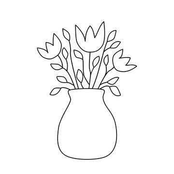 recommend clip art: Flowers in a vase isolated vector illustration in black and white outline contour line art. Bouquet of blooming tulips for interior decoration. Birthday gift. Simple hand drawn clipart design element.