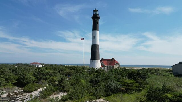 The Fire Island Lighthouse taken with a drone on the bay side of Fire Island.