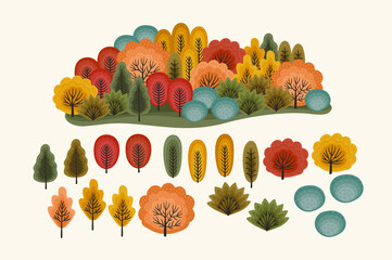 Set of abstract autumn trees. Isolated elements for creating any compositions.