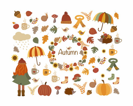 Cozy autumn set with isolated pictures
