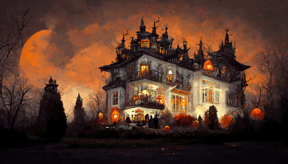 Spooky halloween mansion manor orange scary castle decorated concept art illustration fall - obrazy, fototapety, plakaty