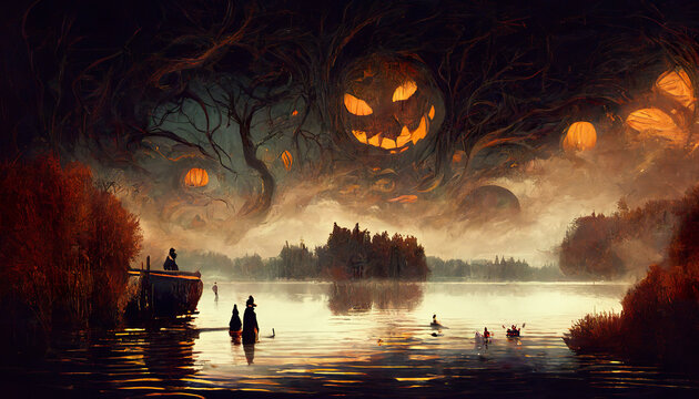 Halloween scary spooky lake Jack O Lantern creepy illustration