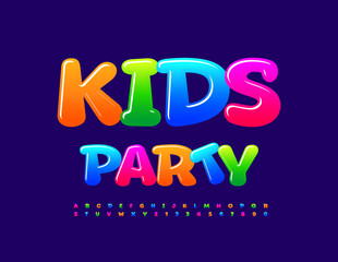 Vector colorful card Kids Party. Glossy funny Font. Comic creative Alphabet Letters and Numbers set