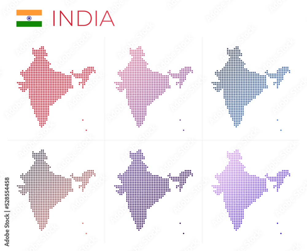 Poster india dotted map set. map of india in dotted style. borders of the country filled with beautiful smo