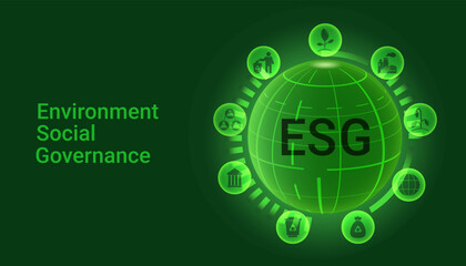 ESG icons around sphere. Environmental, Social and Corporate Governance Banner 