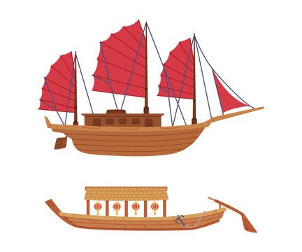 Junk and Rowboat as Chinese Sailing Ship with Sails and Deck Vector Set
