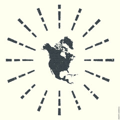 North America Logo. Grunge sunburst poster with map of the continent. Shape of North America filled with hex digits with sunburst rays around. Astonishing vector illustration.