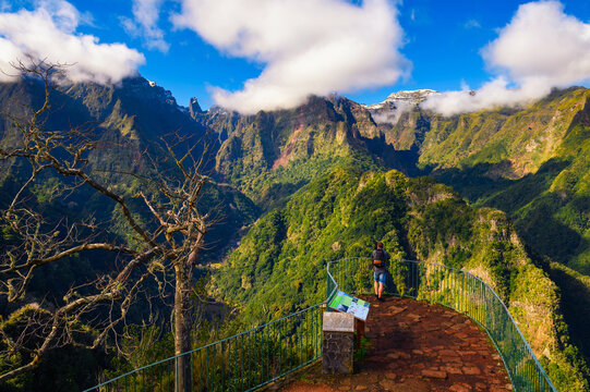 Tourist at the Balcoes viewpoint on Madeira Island, Portugal