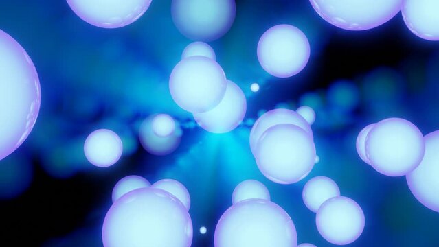 Light purple flying calm sphere on a dark blue background. Design. Slowly flowing light balls, concept of meditation.