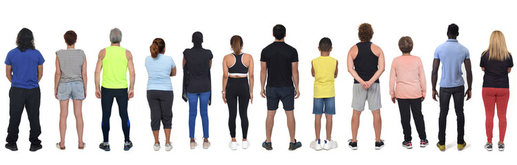 back view of a large group of people dressed in sports and casual clothes on white background