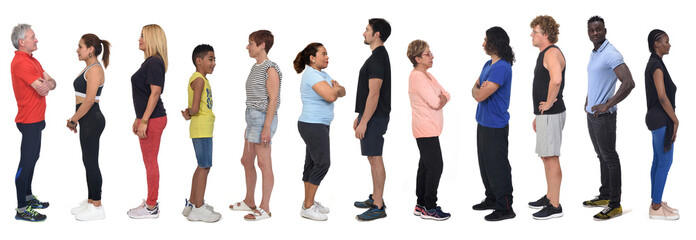 side view of a large group of people dressed in sports and casual clothes on white background