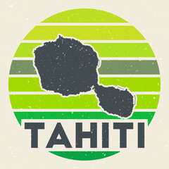 Tahiti logo. Sign with the map of island and colored stripes, vector illustration. Can be used as insignia, logotype, label, sticker or badge of the Tahiti.