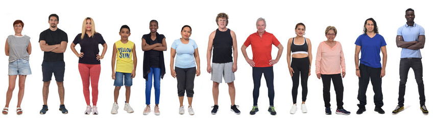 front view of a large group of people dressed in sports and casual clothes on white background