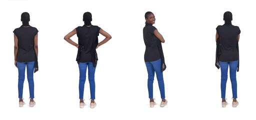 back view of same woman, turned and looking at camera, on white background