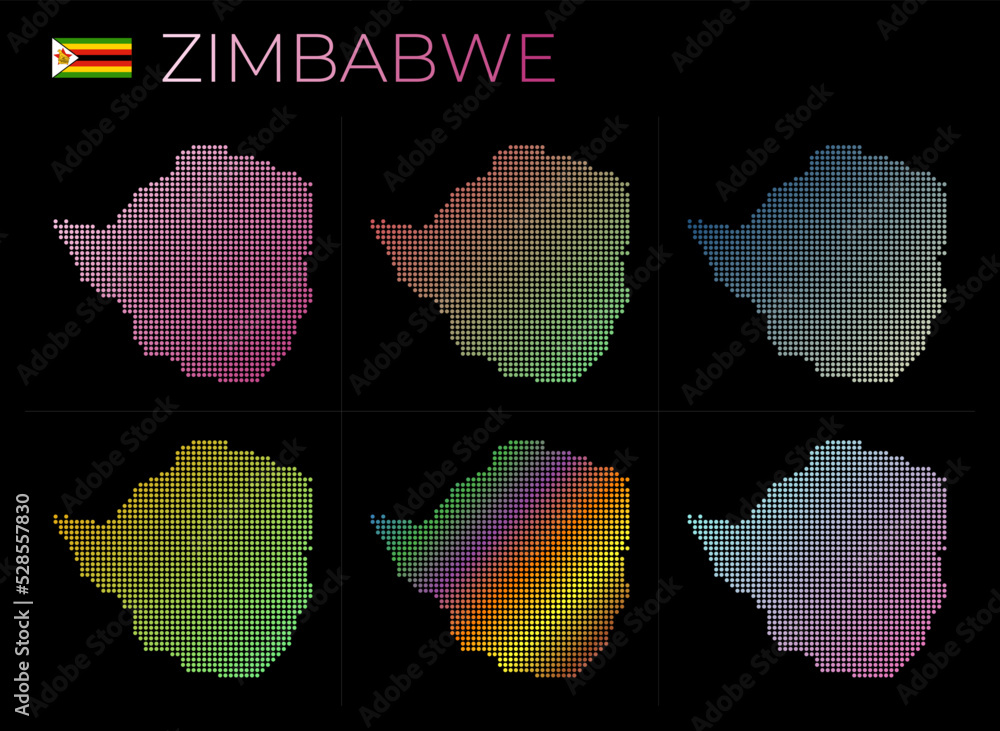 Poster zimbabwe dotted map set. map of zimbabwe in dotted style. borders of the country filled with beautif