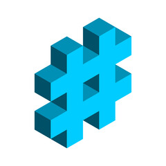 Blue isometric hash symbol. 3D hashtag sign. Marking keywords. Social media hash mark communication. Crisscross online marketing tool. Octothorp icon for SEO promotion. Vector illustration, clip art.