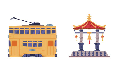 Chinese Tram or Streetcar and Gate as Urban Transport and Building Vector Set