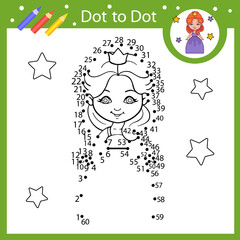 Kids game dot to dot connect drawing of cute princess. Kids education riddle. Activity page and coloring book with cartoon girl. Children worksheet. Vector illustration.