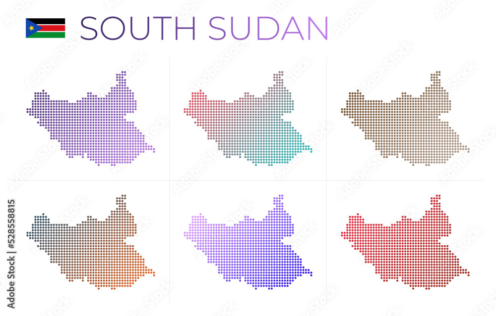 Poster south sudan dotted map set. map of south sudan in dotted style. borders of the country filled with b