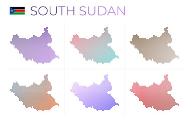 South Sudan dotted map set. Map of South Sudan in dotted style. Borders of the country filled with beautiful smooth gradient circles. Trendy vector illustration.