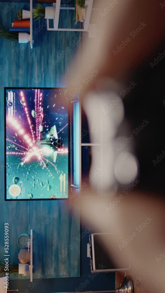 Poster close up of tv used for gaming concept at home. video games on television console playing with wirel