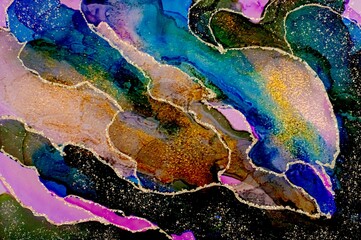 Free flowing golden dust and gold lines on Alcohol ink fluid abstract texture fluid art with gold glitter and liquid.