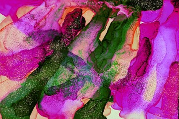 Dark green color and pink with golden dust on Alcohol ink fluid abstract texture fluid art with gold glitter and liquid.