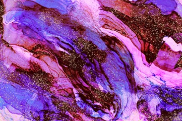 Golden dust on dark red and purple Alcohol ink fluid abstract texture fluid art with gold glitter and liquid.