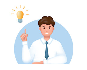 Young businessman having an idea. 3d male character. Freelance, creativity innovation and business idea concept. Realistic cartoon vector illustration.