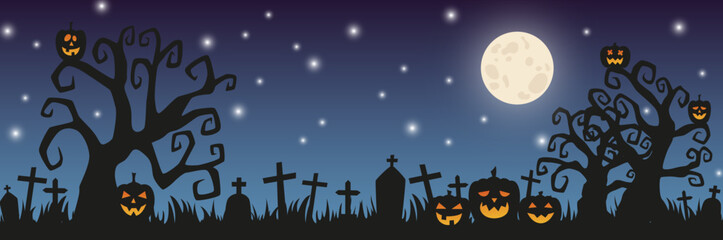 Halloween landscape with spooky trees, cemetery and scary pumpkins in moonlight on dark blue background. Vector illustration for web design, prints, postcards, party invitations