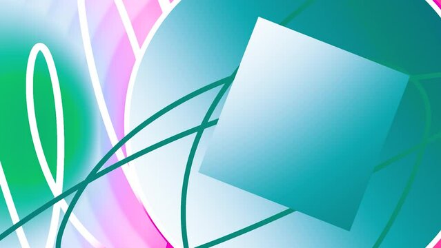Colorful animation with moving curves and geometric shapes. Motion. Stylish animation with curved lines and emerging circle with rotating square. Animation to insert into presentations or videos