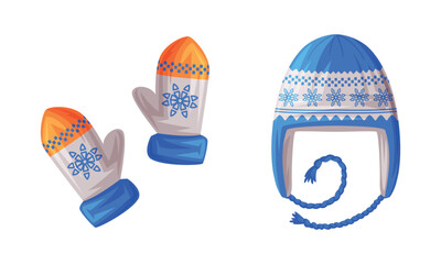 Warm Knitted Mittens and Hat as Finland Symbol and Attribute Vector Set