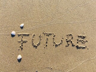 Fototapeta na wymiar on the beach is carved with letters in the smooth sand the writing Future