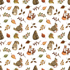 Watercolor seamless pattern, forest animals, mothers with babies. 